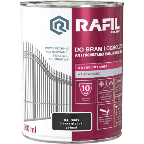 RAFIL Do bram i ogrodzeń antykorozyjna emalia do metalu 2w1 RAL 9005 czarny głęboki półmat
