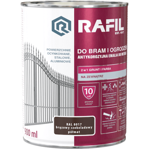 RAFIL Do bram i ogrodzeń antykorozyjna emalia do metalu 2w1 0,9l RAL 8017 brąz czekoladowy półmat
