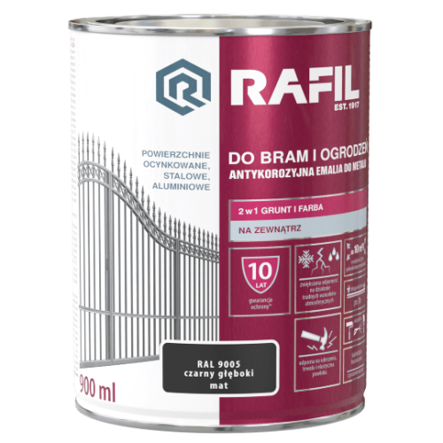 RAFIL Do bram i ogrodzeń antykorozyjna emalia do metalu 2w1 0,9l RAL 9005 czarny głeboki mat