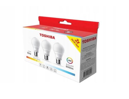 ŻARÓWKA LED 8,5W TOSHIBA 806lm odpowiednik 60W BARWA CIEPŁA 3pak