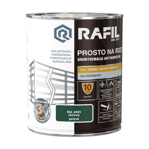 RAFIL prosto na rdzę, antykorozyjna gruntoemalia do metalu 3w1 0,75l RAL 6005 zielony połysk