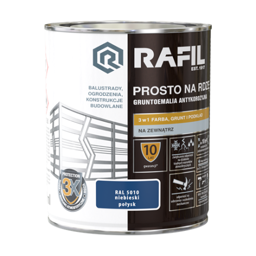 RAFIL prosto na rdzę, antykorozyjna gruntoemalia do metalu 3w1 0,75l RAL 5010 niebieski połysk