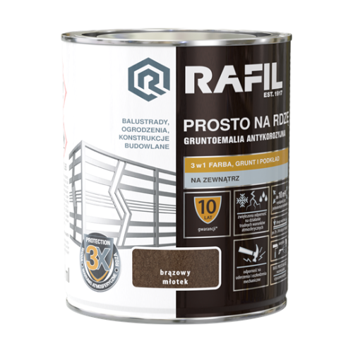 RAFIL prosto na rdzę, antykorozyjna gruntoemalia do metalu 3w1 0,75l brązowy młotek